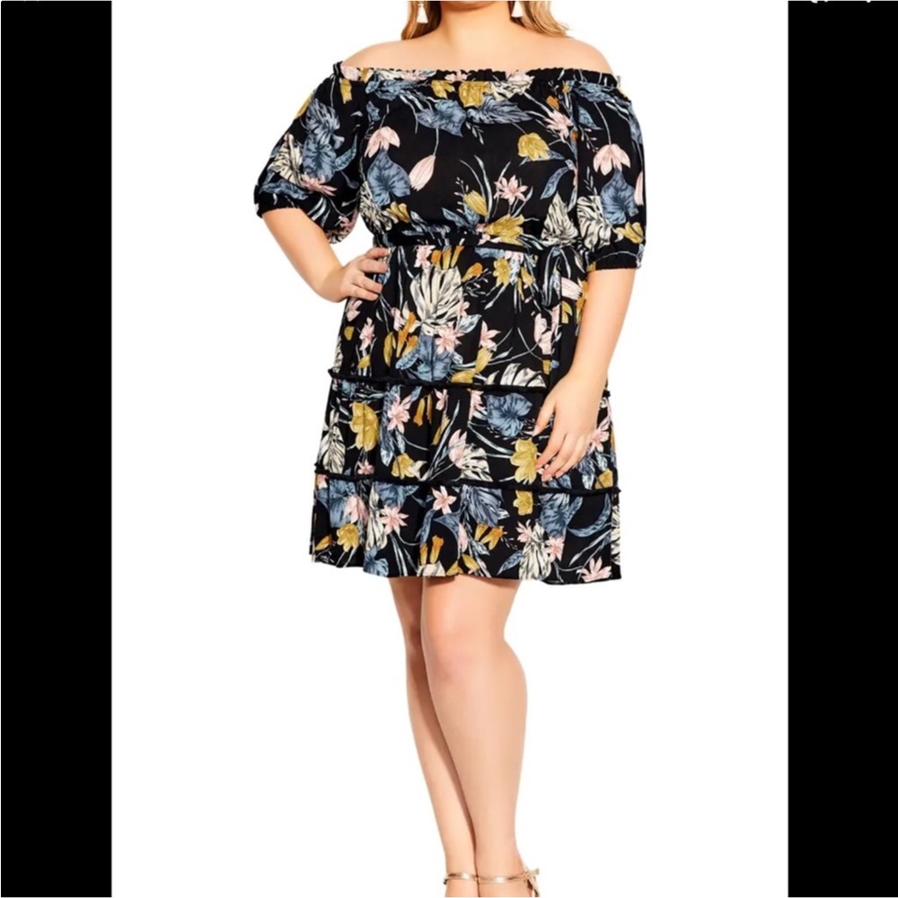 City Chic Floral Mini Dress Size 18 Preppy Jungle Night Off the Shoulder Tiered